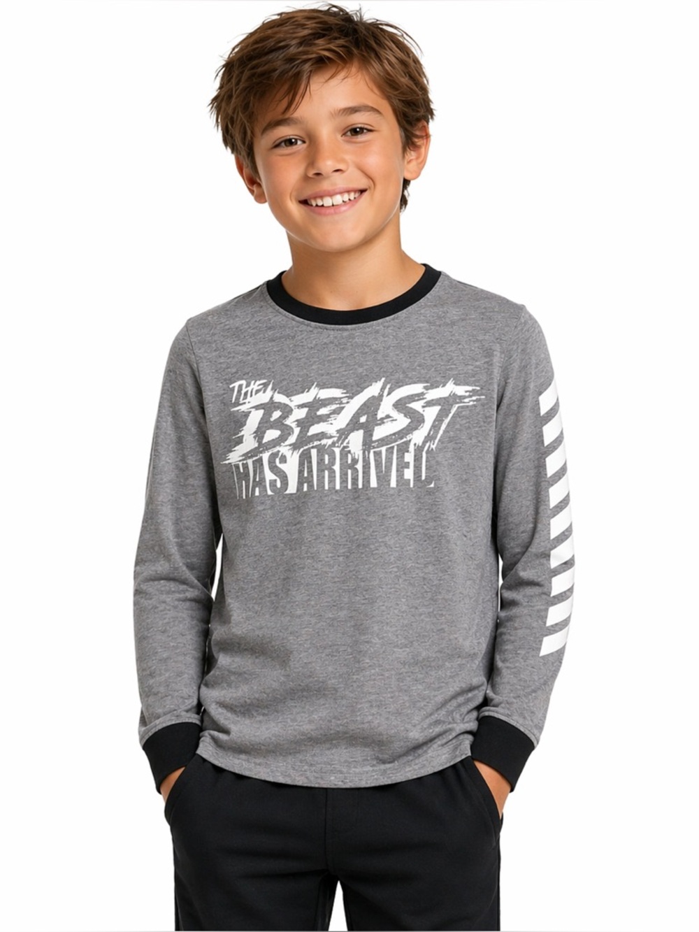 BCG Gray Graphic Long Sleeve Athletic Tee The Beast Has Arrived Youth S
